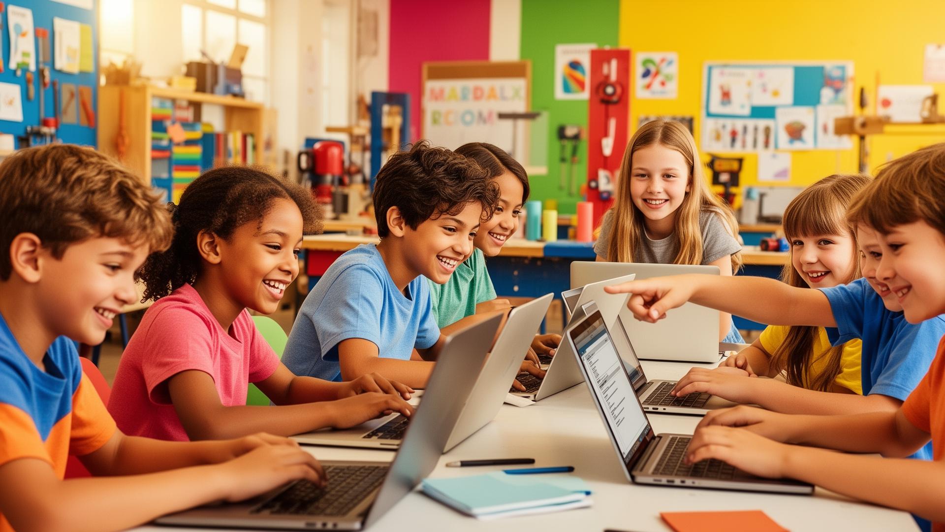 Kinder arbeiten gemeinsam an KI-Projekten